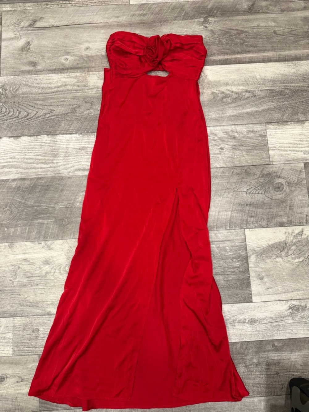 Red Strapless satin maxi dress